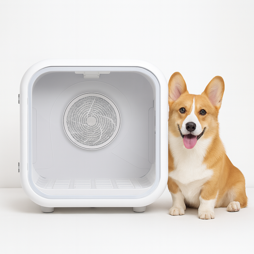 Modern white pet dryer next to a well-groomed dog on a clean studio backdrop